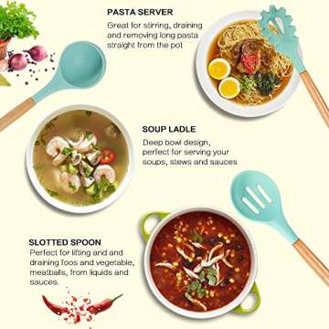 IBOTE 17-Piece Silicone Utensils Set with Wooden Handles