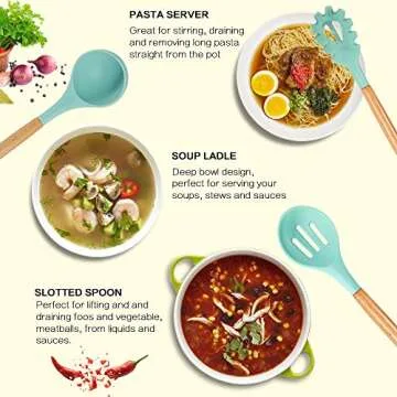 IBOTE 17-Piece Silicone Utensils Set with Wooden Handles