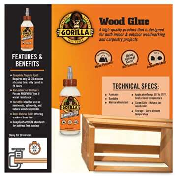 Gorilla Wood Glue; 8 Ounce Bottle; Natural Wood Color; (Pack of 1)