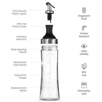 FineDine Superior Glass Oil and Vinegar Dispenser, Modern Olive Oil Dispenser, Wide Opening for Easy Refill and Cleaning, Clear Glass Oil Bottle, Pouring Spouts, 18 Oz. Cruet Set (Set of 2)