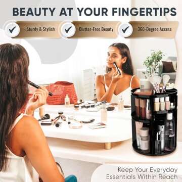 360 Rotating Makeup Organizer - Adjustable Shelf Height and Fully Rotatable. The Perfect Cosmetic Organizer for Bedroom Dresser or Vanity Countertop. (Black)