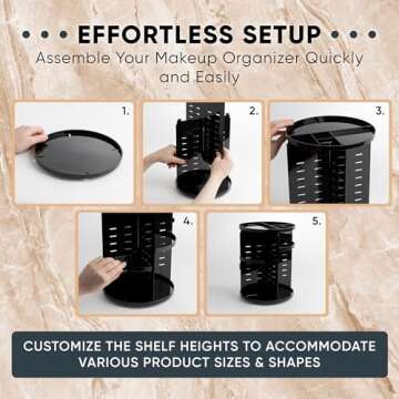 360 Rotating Makeup Organizer - Adjustable Shelf Height and Fully Rotatable. The Perfect Cosmetic Organizer for Bedroom Dresser or Vanity Countertop. (Black)