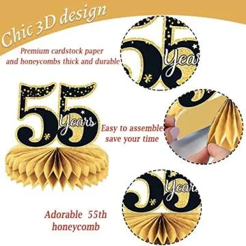9 Pieces 55th Birthday decorations 55th birthday centerpieces for Tables Decorations Cheers to 55 Years Honeycomb Table Topper Happy 55th Birthday Decorations for Men and Woman Fifty-five Years Birthday Party