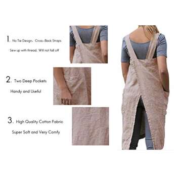 Women's Pinafore Square Apron Baking Cooking Gardening Works Cross Back Cotton/Linen Blend Dress with 2 Pockets Pink-S