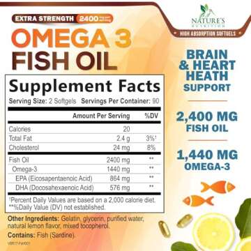 Triple Strength Omega 3 Fish Oil 2400 mg Softgels, Nature's Fish Oil Supplements, Brain & Heart Heal...