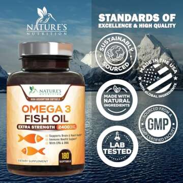 Triple Strength Omega 3 Fish Oil 2400 mg Softgels, Nature's Fish Oil Supplements, Brain & Heart Health Support - EPA & DHA, 1200 MG Fish Oil in Each Softgel, Omega-3 Supplement - 180 Fish Oil Softgels