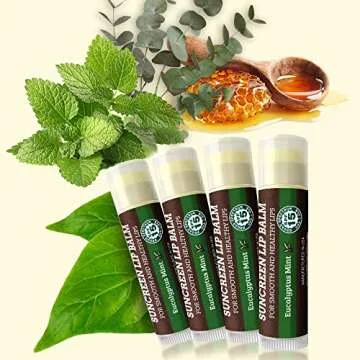 SPF Lip Balm 4-Pack by Earth's Daughter - Lip Sunscreen, SPF 15, Organic Ingredients, Eucalyptus Mint Flavor, Beeswax, Coconut Oil, Vitamin E - Hypoallergenic, Gluten Free