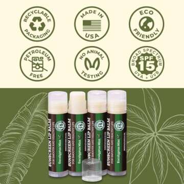 SPF Lip Balm 4-Pack by Earth's Daughter - Lip Sunscreen, SPF 15, Organic Ingredients, Eucalyptus Mint Flavor, Beeswax, Coconut Oil, Vitamin E - Hypoallergenic, Gluten Free