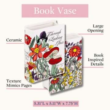 Steel Mill & Co Original Book-Shaped Decorative Vase, Ceramic Vases for Home Decor, Cute Bookshelf Decor, Unique Vase for Book Lovers (Large - Through The Looking Glass)