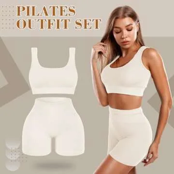 Floraltop 4 Pcs Women's Workout Sets Pilates Exercise Outfit Ribbed Scoop Neck Sports Bra Shorts Leg...