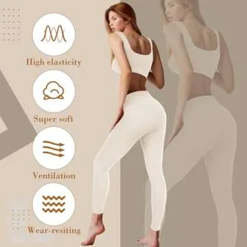 Floraltop 4 Pcs Women's Workout Sets Pilates Exercise Outfit Ribbed Scoop Neck Sports Bra Shorts Leggings Gym Clothes Set (White,Large)