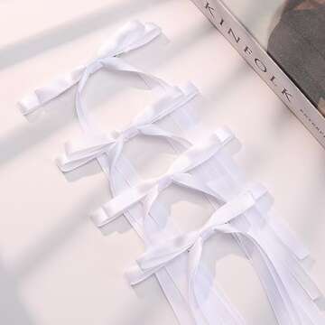 VOBOBE 4PCS Hair Bows for Women Girls, White Tassel Ribbon Bowknot Hair Clips Barrettes for Girl with Long Tail, Solid Satin Hair Accessories (White)
