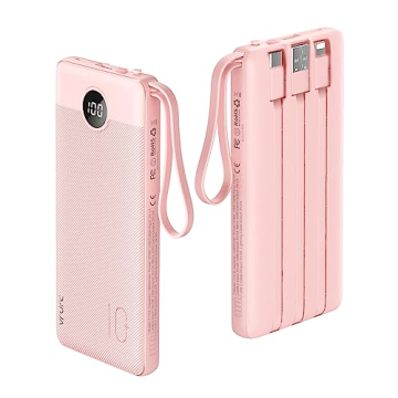 VRURC Portable Charger 10000mAh, Slim LED Display Power Bank, 5 Output 2 Input Cell Phone Battery Pack, Built-in Micro & USB C Cables Phone Charger Compatible with iPhone,Samsung,Android-Pink(1 Pack)