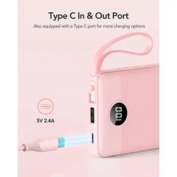 VRURC Portable Charger 10000mAh, Slim LED Display Power Bank, 5 Output 2 Input Cell Phone Battery Pack, Built-in Micro & USB C Cables Phone Charger Compatible with iPhone,Samsung,Android-Pink(1 Pack)