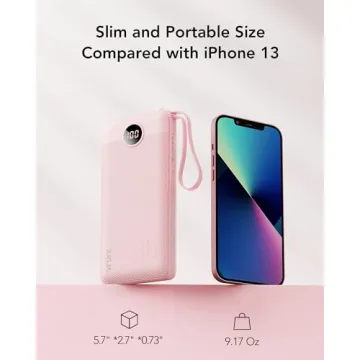 VRURC Portable Charger 10000mAh, Slim LED Display Power Bank, 5 Output 2 Input Cell Phone Battery Pack, Built-in Micro & USB C Cables Phone Charger Compatible with iPhone,Samsung,Android-Pink(1 Pack)