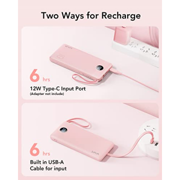 VRURC Portable Charger 10000mAh, Slim LED Display Power Bank, 5 Output 2 Input Cell Phone Battery Pack, Built-in Micro & USB C Cables Phone Charger Compatible with iPhone,Samsung,Android-Pink(1 Pack)