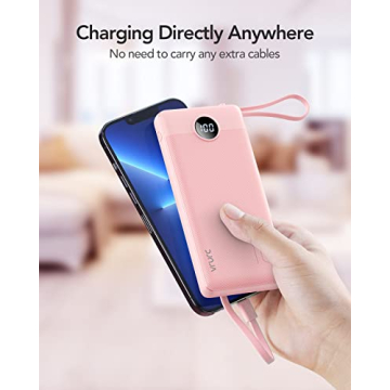 VRURC Portable Charger 10000mAh, Slim LED Display Power Bank, 5 Output 2 Input Cell Phone Battery Pack, Built-in Micro & USB C Cables Phone Charger Compatible with iPhone,Samsung,Android-Pink(1 Pack)