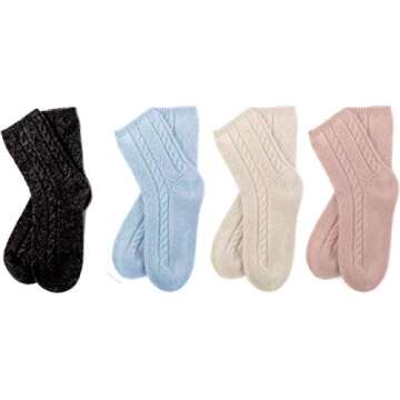 100% Pure Cashmere Women's Sleep Socks, 3-Ply Ultra Soft Cozy Cable Knit, Luxury Bed Socks for Warmt...