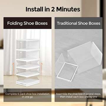 Docusvect Quick Assembly Collapsible Shoe Organizer Box, Clear Plastic Drop Front Shoe Box Storage Containers, Durable and Stable Sneaker Storage Fit up to Size 11, 6 Pack