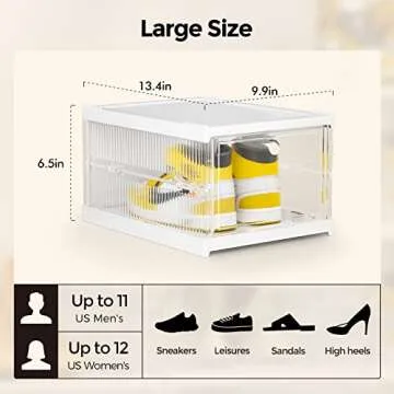 Docusvect Quick Assembly Collapsible Shoe Organizer Box, Clear Plastic Drop Front Shoe Box Storage Containers, Durable and Stable Sneaker Storage Fit up to Size 11, 6 Pack