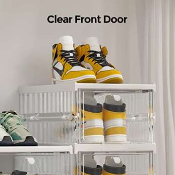 Docusvect Quick Assembly Collapsible Shoe Organizer Box, Clear Plastic Drop Front Shoe Box Storage Containers, Durable and Stable Sneaker Storage Fit up to Size 11, 6 Pack