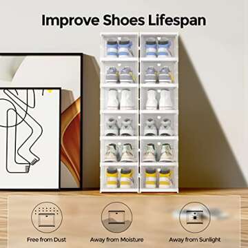 Docusvect Quick Assembly Collapsible Shoe Organizer Box, Clear Plastic Drop Front Shoe Box Storage Containers, Durable and Stable Sneaker Storage Fit up to Size 11, 6 Pack