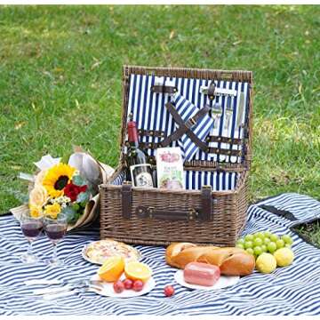 Wicker Picnic Basket for 2 with Waterproof Picnic Blanket, Picnic Set for 2 with Sand-Proof Beach Ma...