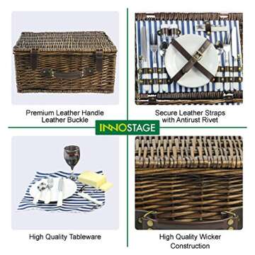Wicker Picnic Basket for 2 with Waterproof Picnic Blanket, Picnic Set for 2 with Sand-Proof Beach Mat,Willow Hamper Service Set for Camping and Outdoor Party