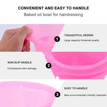 KALLORY Hair Color Mixing Bowl, 3pcs Plastic Hair Dye Bowl with Handle Color Mixing Tint Bowl Hair Color Mixing Tool for Salon Hairdressing, Pink