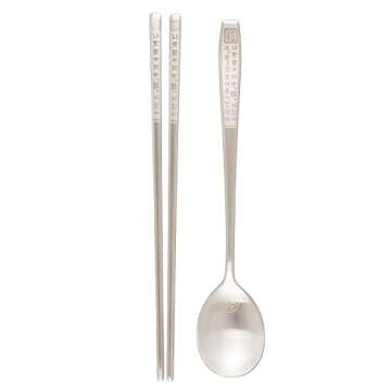 YIROCK GenericJINCHENG Korean Chopsticks Spoon Set-100% Metal Stainless Steel-Printed Hangul Characters (Silver-Hangul)