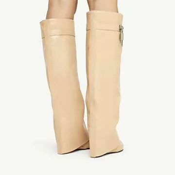 Arqa Fold Over Knee High Boots for Women Covered Wedge Heel Padlock Boot Almond Toe Wide Calf Pull-on Fashion Boots Party Shoes Apricot Size 4