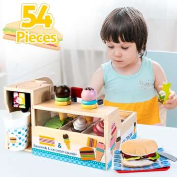 Wooden Slice & Stack Sandwich Counter with Ice Cream Toy for Toddlers, 54-Piece Wooden Play Food Set...