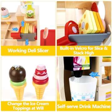 Wooden Slice & Stack Sandwich Counter with Ice Cream Toy for Toddlers, 54-Piece Wooden Play Food Set for Kids, Pretend Food for Play Kitchen, Grocery Store Pretend Play for Boys & Girls Ages 3+