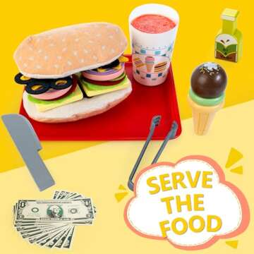 Wooden Slice & Stack Sandwich Counter with Ice Cream Toy for Toddlers, 54-Piece Wooden Play Food Set for Kids, Pretend Food for Play Kitchen, Grocery Store Pretend Play for Boys & Girls Ages 3+