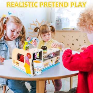 Wooden Slice & Stack Sandwich Counter with Ice Cream Toy for Toddlers, 54-Piece Wooden Play Food Set for Kids, Pretend Food for Play Kitchen, Grocery Store Pretend Play for Boys & Girls Ages 3+