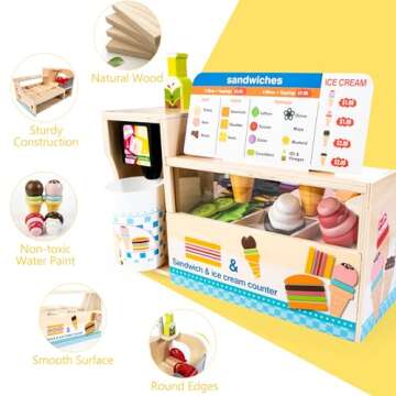 Wooden Slice & Stack Sandwich Counter with Ice Cream Toy for Toddlers, 54-Piece Wooden Play Food Set for Kids, Pretend Food for Play Kitchen, Grocery Store Pretend Play for Boys & Girls Ages 3+