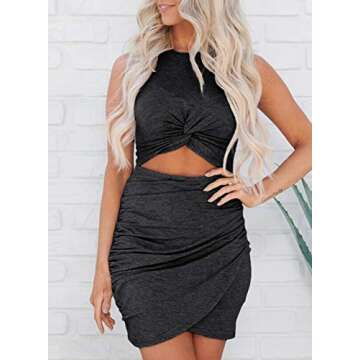 Acelitt Women's Ladies Sexy Sleeveless Hollow Out Twist Front Bodycon Dress Wrap Slim Fit Basic Solid Party Evening Dresses Beach Vacation Cruise Outfits Resort Wear Black S