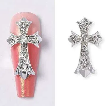 Cagzzee 3D Cross Nail Charms, Silver Crystal Cross Nail Decorations for Nail Art, 10Pcs, Metal Nail Art Rhinestones Cross Charms for DIY Designs Supplies (Silver)