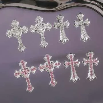 Cagzzee 3D Cross Nail Charms, Silver Crystal Cross Nail Decorations for Nail Art, 10Pcs, Metal Nail Art Rhinestones Cross Charms for DIY Designs Supplies (Silver)