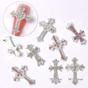Cagzzee 3D Cross Nail Charms, Silver Crystal Cross Nail Decorations for Nail Art, 10Pcs, Metal Nail Art Rhinestones Cross Charms for DIY Designs Supplies (Silver)