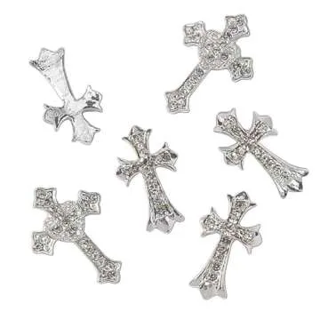 Cagzzee 3D Cross Nail Charms, Silver Crystal Cross Nail Decorations for Nail Art, 10Pcs, Metal Nail Art Rhinestones Cross Charms for DIY Designs Supplies (Silver)