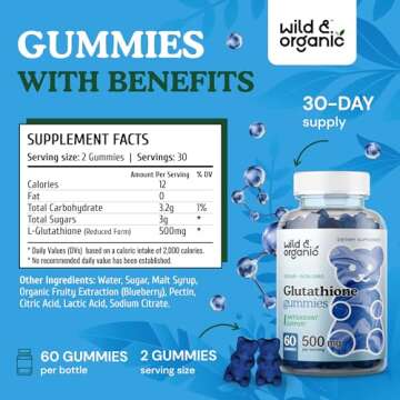 Wild & Organic L Glutathione Gummies - Reduced Glutathione 500mg for Antioxidant Support - Liver Cleanse Detox Supplement - 60 Vegan, Non-GMO, Pectin-Based Chews