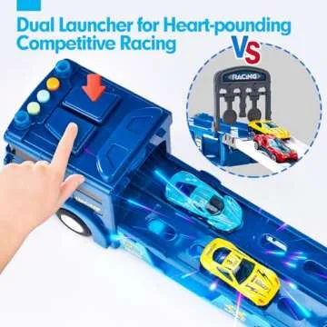 hahaland Toys for 2 Year Old Boy Birthday Gift - 2 in 1 Car Carrier Transforms into Race Tracks with Dual Launcher Toys for Ages 2-4 Boys - 2-5 Year Old Boy Birthday Gift