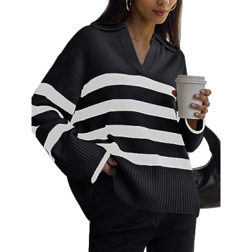 LILLUSORY Women’s Striped Oversized V Neck Sweater - Chic & Comfortable Fall Fashion