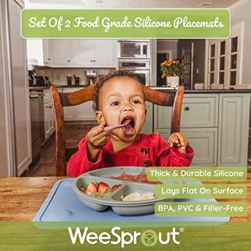 WeeSprout Silicone Suction Placemats for Babies, Toddlers & Kids, Durable Food Grade Silicone with Non-Slip Suction, Raised Edges Contain Mess, Dishwasher Safe, for Dining Table & Restaurants, 2 Pack