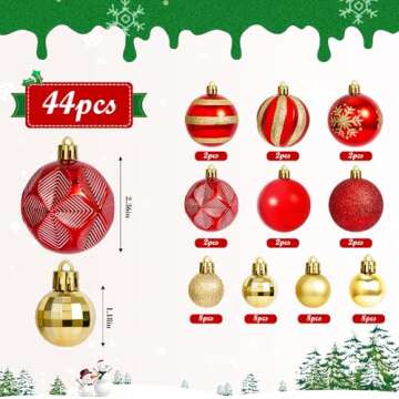 44PCS Christmas Balls Ornaments Set: Red and Gold Decorations Christmas Ball 2025 Xmas Tree Shatterproof Hanging Gifts for Womens Men Holiday Party Indoor Outdoor 10 Style