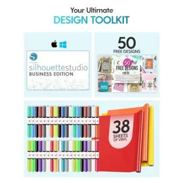 Silhouette Cameo 5 Bundle - Professional Vinyl Cutter Machine, 38 Adhesive Vinyl Rolls & AutoBlade - Includes Roll Feeder, Business Edition Software & 50 Free Designs (White)