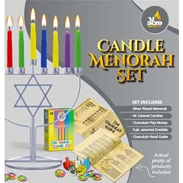 Ner Mitzvah Menorah Set for Hanukkah - Jewish Star Hanukkah Menorah Set - Sleek Wireframe Menora, Chanukah Candles, Dreidels, Play Coins, & Hanukkah Guide