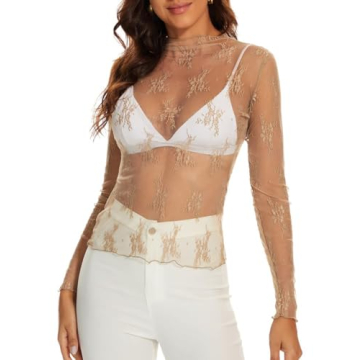 Rvnsu Women's Long Sleeve Mesh Top,Mock Neck Floral Embroidery Tops See Through Slim Fit Layering Te...