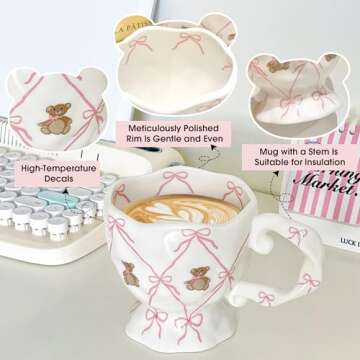 Ceramic Coffee Mug with Pink Bow Cute Bear, Handmade Kawaii Water Cup for Tea Milk Latte Cocoa 14 oz/410ml Funky Novelty Mug Birthday Valentine Gifts for Women and Girls